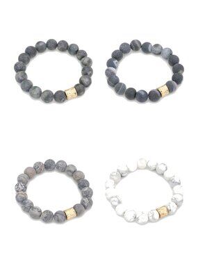 4 Bracelet Stack - Gray and White Semi-Precious Stone Stretch Bracelets, 8mm